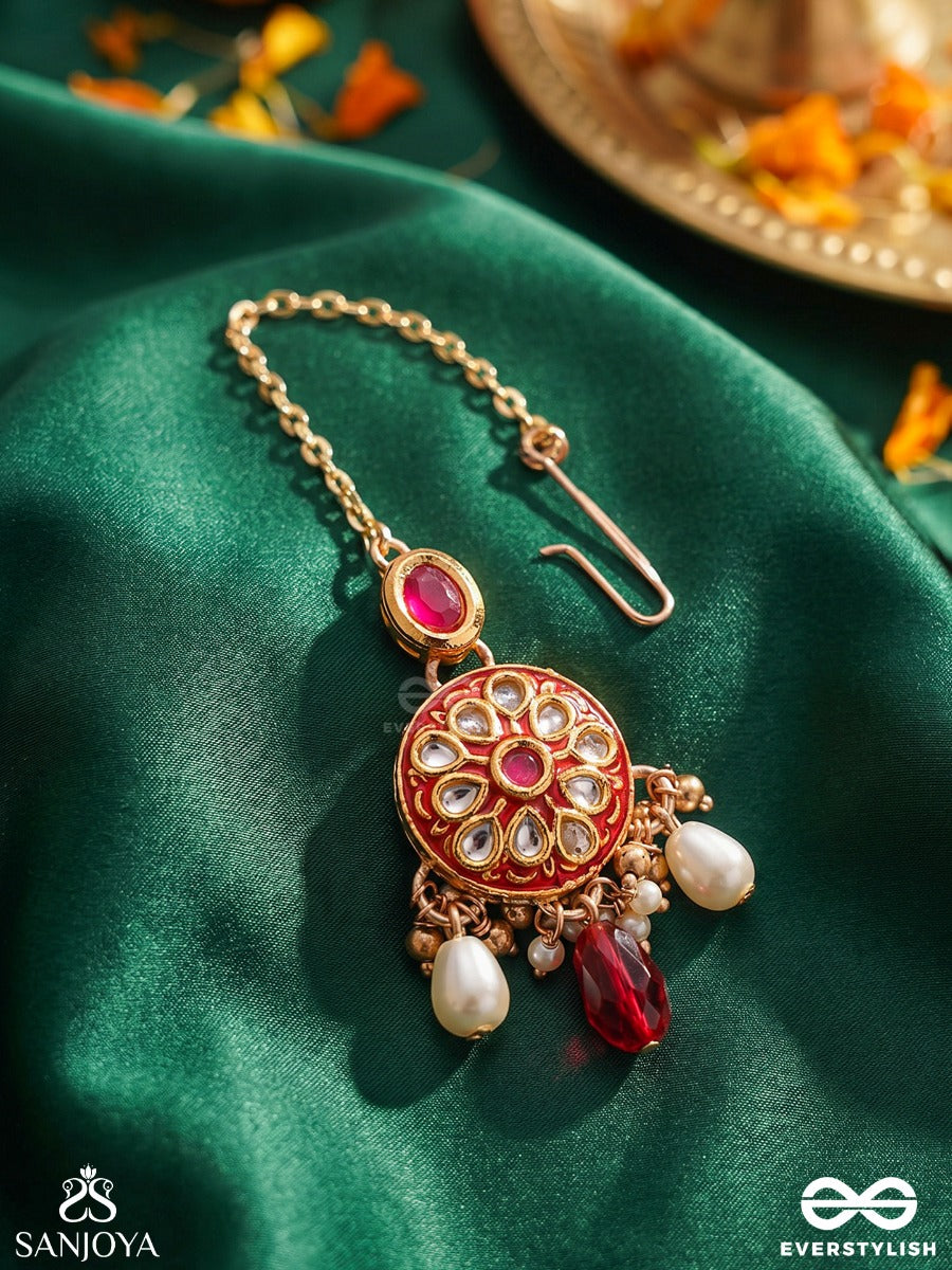 Agnita - Fiery Beauty - Intricate Kundan Red Polki Maangtika With Pearls And Gem Fringes