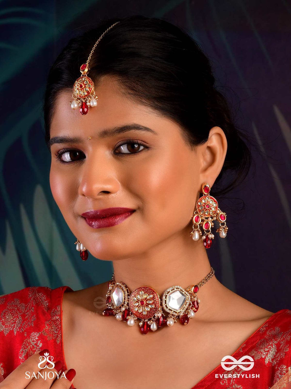 Agnita - Fiery Beauty - Intricate Kundan Red Polki Maangtika With Pearls And Gem Fringes