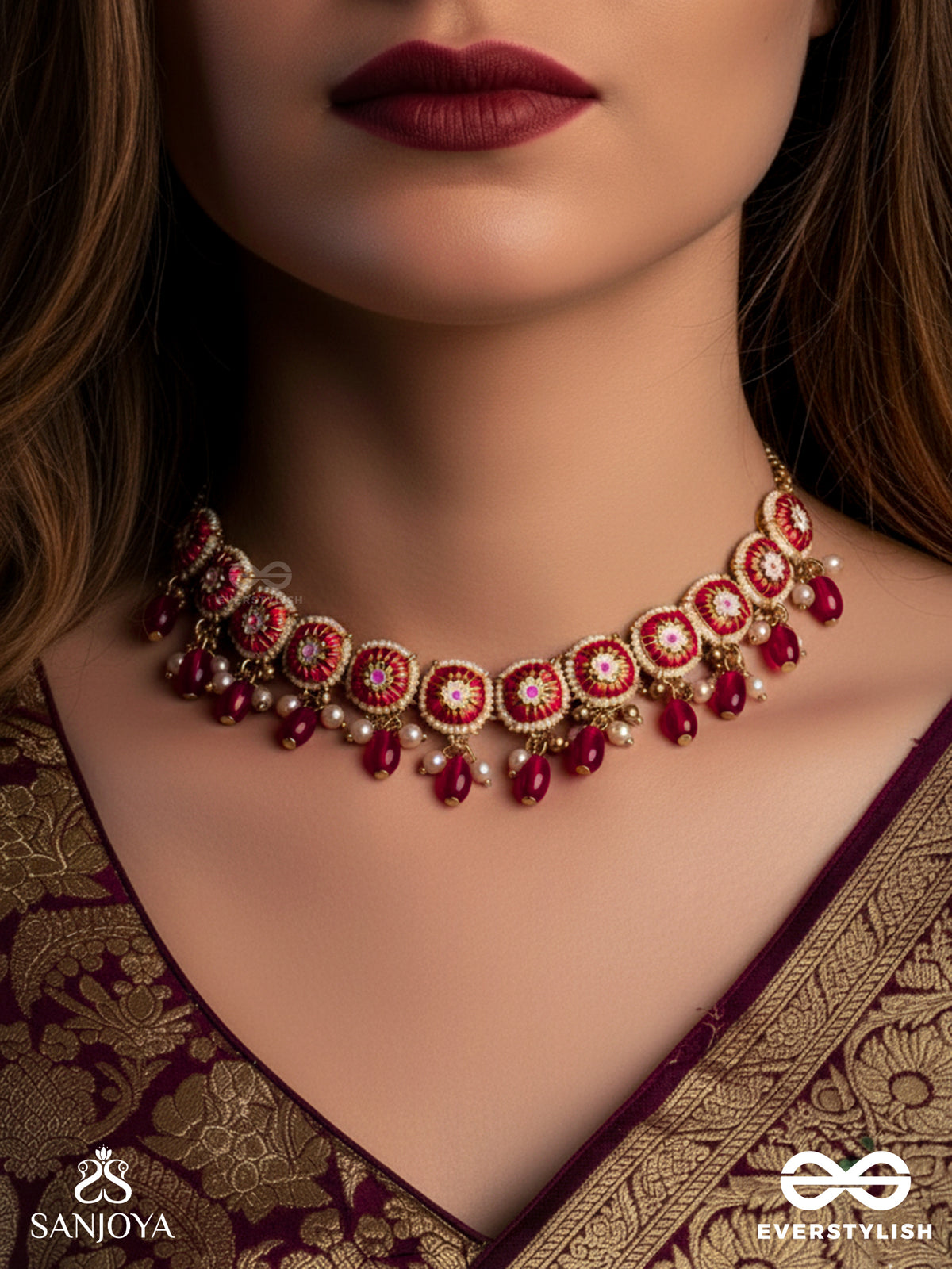 Rudranjali - Sacred Red Offering- Traditional Red Enamelled Polki Choker With Lustrous Beads And Pearls