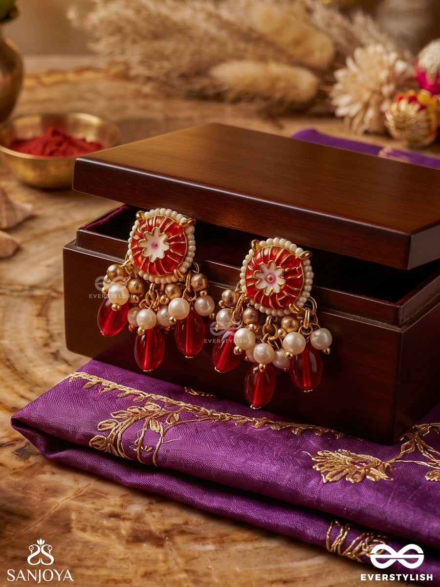 Traditional Red Enamelled Polki Earrings With Lustrous Beads And Pearls