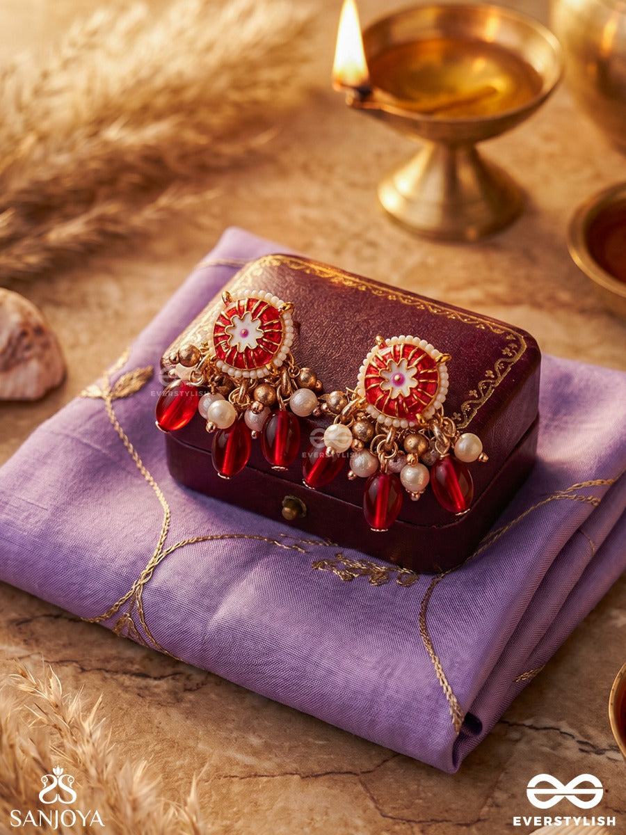 Traditional Red Enamelled Polki Earrings With Lustrous Beads And Pearls