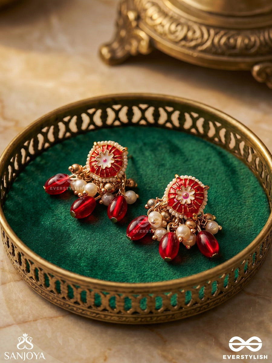 Traditional Red Enamelled Polki Earrings With Lustrous Beads And Pearls
