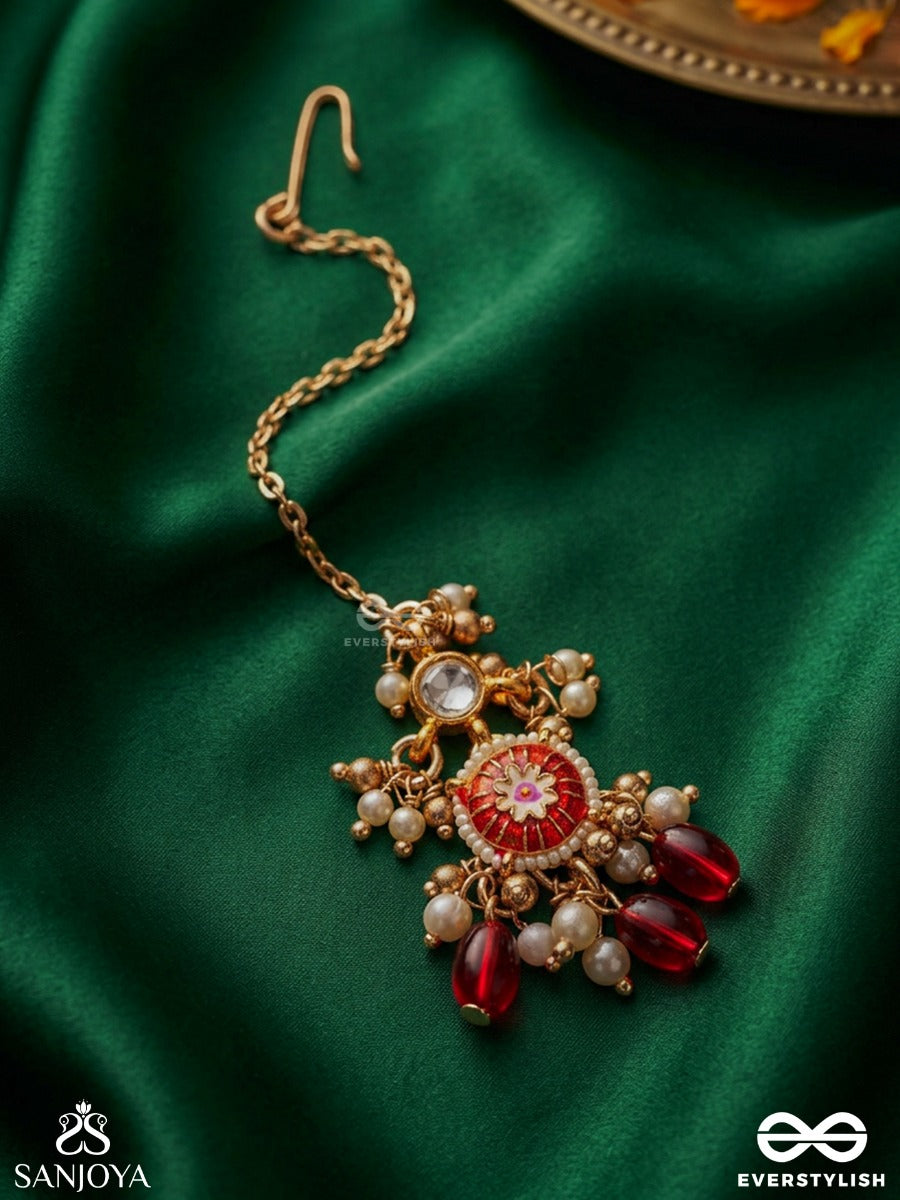 Traditional Red Enamelled Polki Maangtika With Lustrous Beads And Pearls