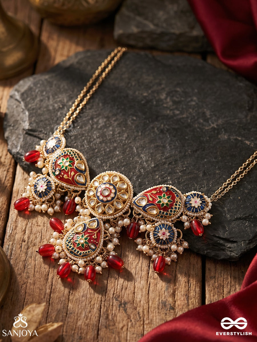 Suvarnapushpa - Golden Blossom - Luxurious Heritage Kundan Necklace With Red And Blue Enamel Work, Pearls And Beads