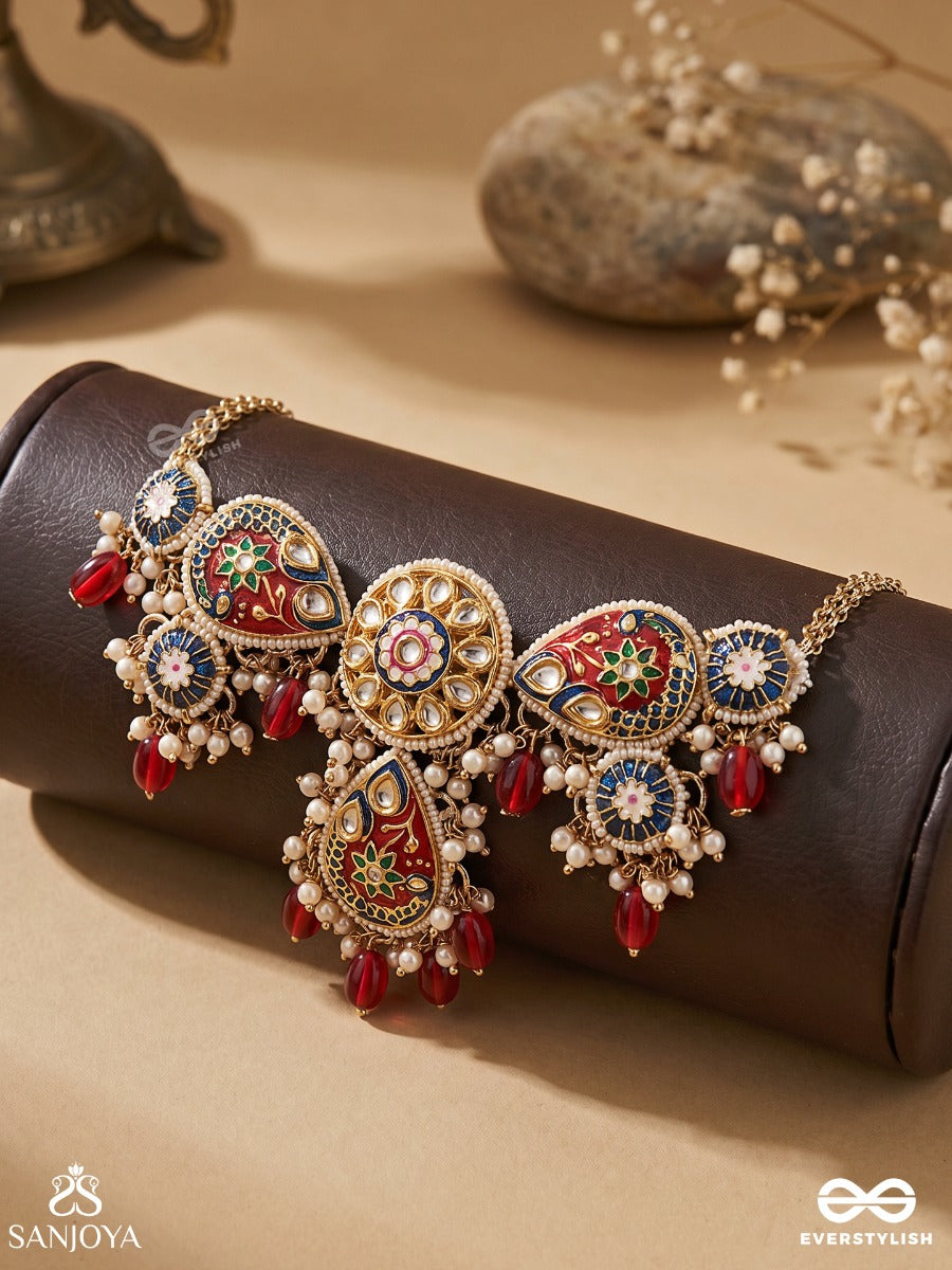 Suvarnapushpa - Golden Blossom - Luxurious Heritage Kundan Necklace With Red And Blue Enamel Work, Pearls And Beads