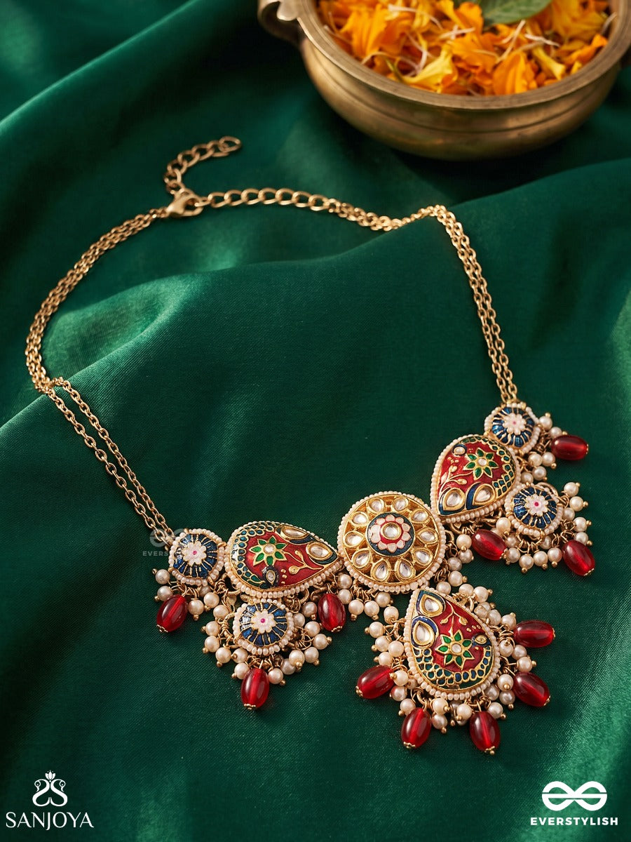 Suvarnapushpa - Golden Blossom - Luxurious Heritage Kundan Necklace With Red And Blue Enamel Work, Pearls And Beads