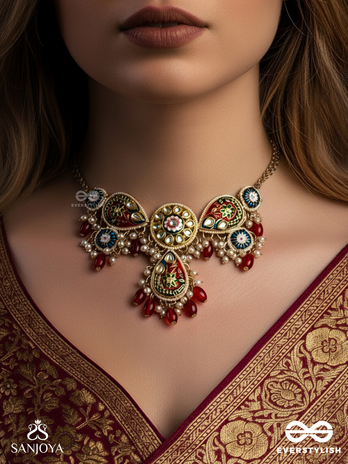 Suvarnapushpa - Golden Blossom - Luxurious Heritage Kundan Necklace With Red And Blue Enamel Work, Pearls And Beads