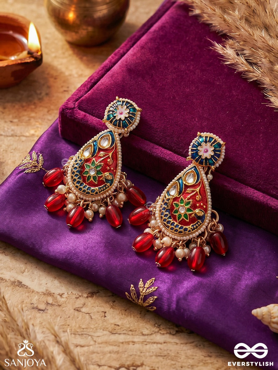Suvarnapushpa - Golden Blossom - Luxurious Heritage Kundan Earrings With Red And Blue Enamel Work, Pearls And Beads
