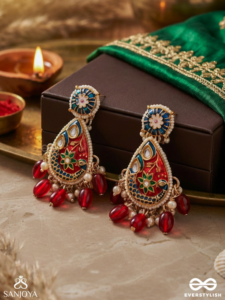 Suvarnapushpa - Golden Blossom - Luxurious Heritage Kundan Earrings With Red And Blue Enamel Work, Pearls And Beads