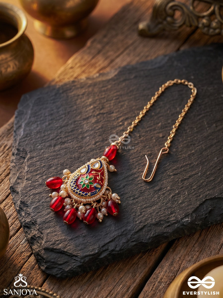 Suvarnapushpa - Golden Blossom - Luxurious Heritage Kundan Maangtika With Red And Blue Enamel Work, Pearls And Beads