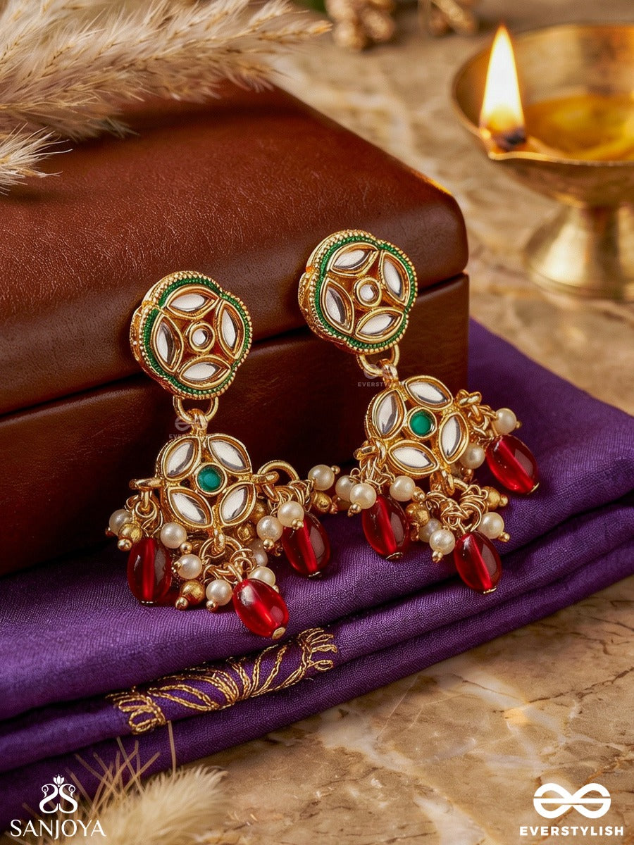 Vimala - Pure And Divine - Ornate Kundan Earrings With Royal Red Stones And Pearls