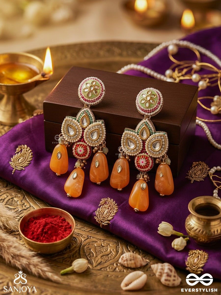 Vasantini - Spring's Beauty - Grand Kundan Earrings With Pearls, Beads And Gem Fringes
