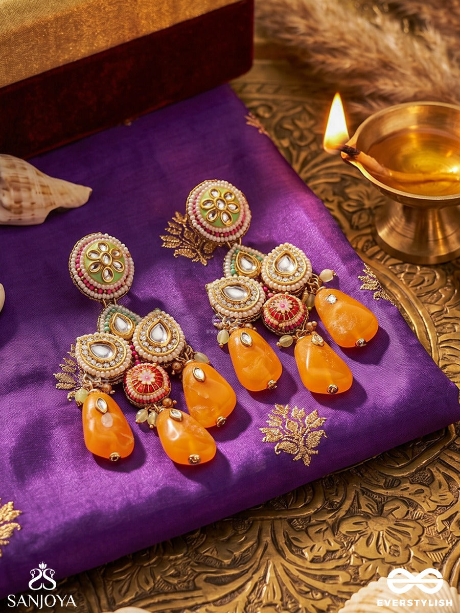 Vasantini - Spring's Beauty - Grand Kundan Earrings With Pearls, Beads And Gem Fringes