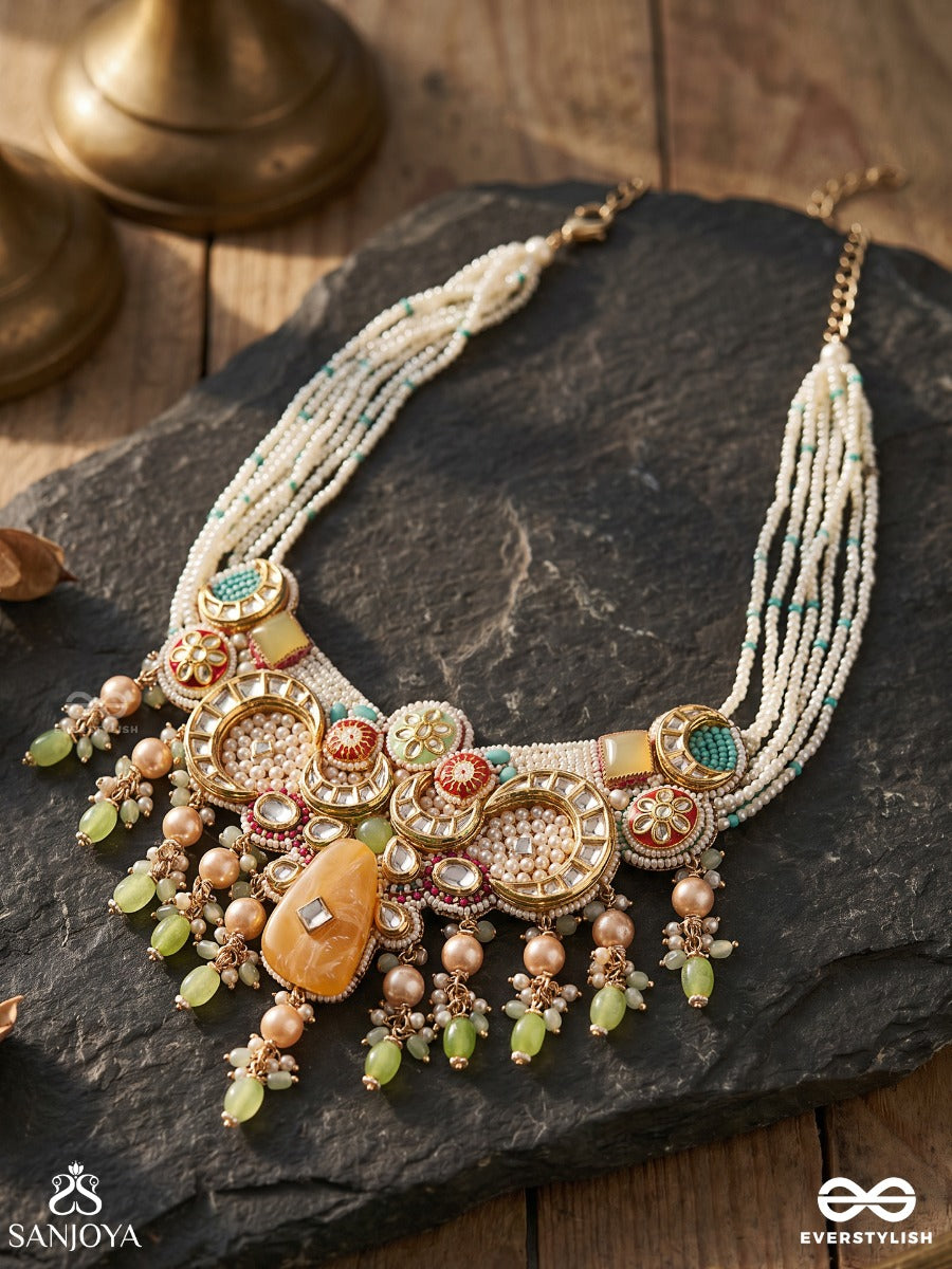 Vasantini - Spring's Beauty - Grand Kundan Multi-Chain Necklace With Pearls, Beads And Gem Fringes