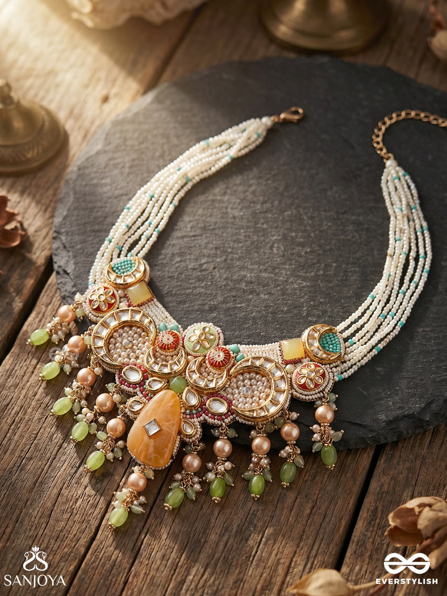 Vasantini - Spring's Beauty - Grand Kundan Multi-Chain Necklace With Pearls, Beads And Gem Fringes