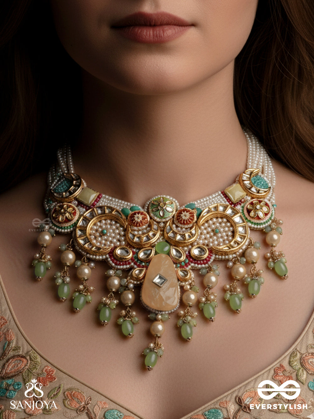 Vasantini - Spring's Beauty - Grand Kundan Multi-Chain Necklace With Pearls, Beads And Gem Fringes
