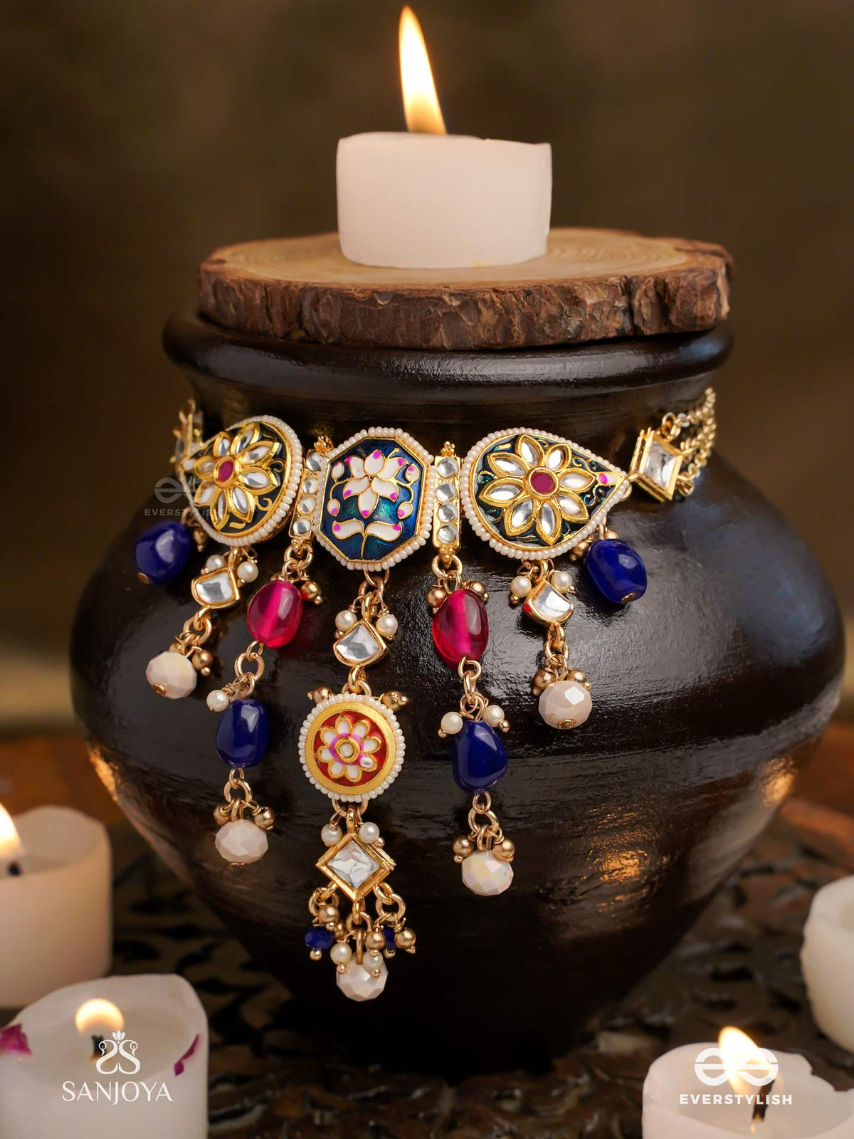 Sandhyaraga - Evening Hues - Exquisite Kundan Necklace With Enamelling And Gem Drops