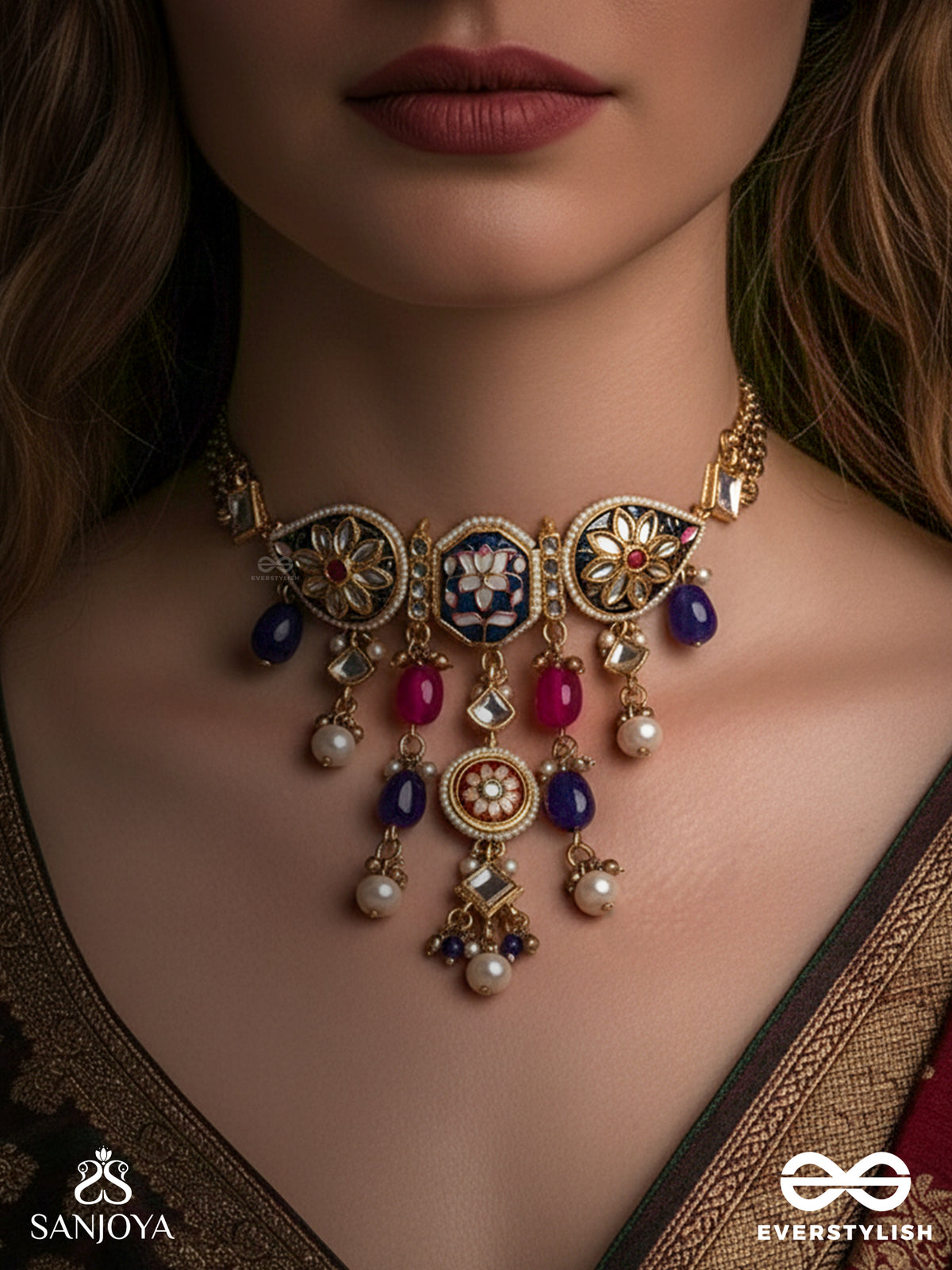 Sandhyaraga - Evening Hues - Exquisite Kundan Necklace With Enamelling And Gem Drops