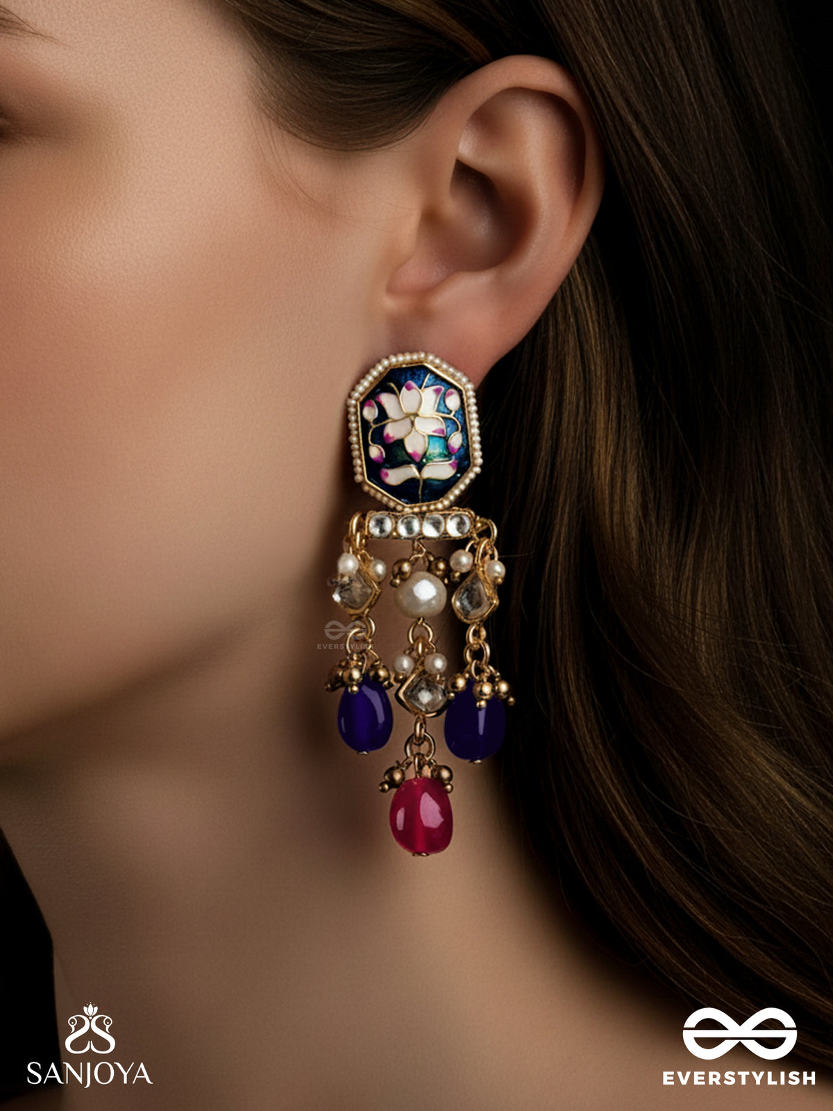 Sandhyaraga - Evening Hues - Exquisite Kundan Earrings With Enamelling And Gem Drops
