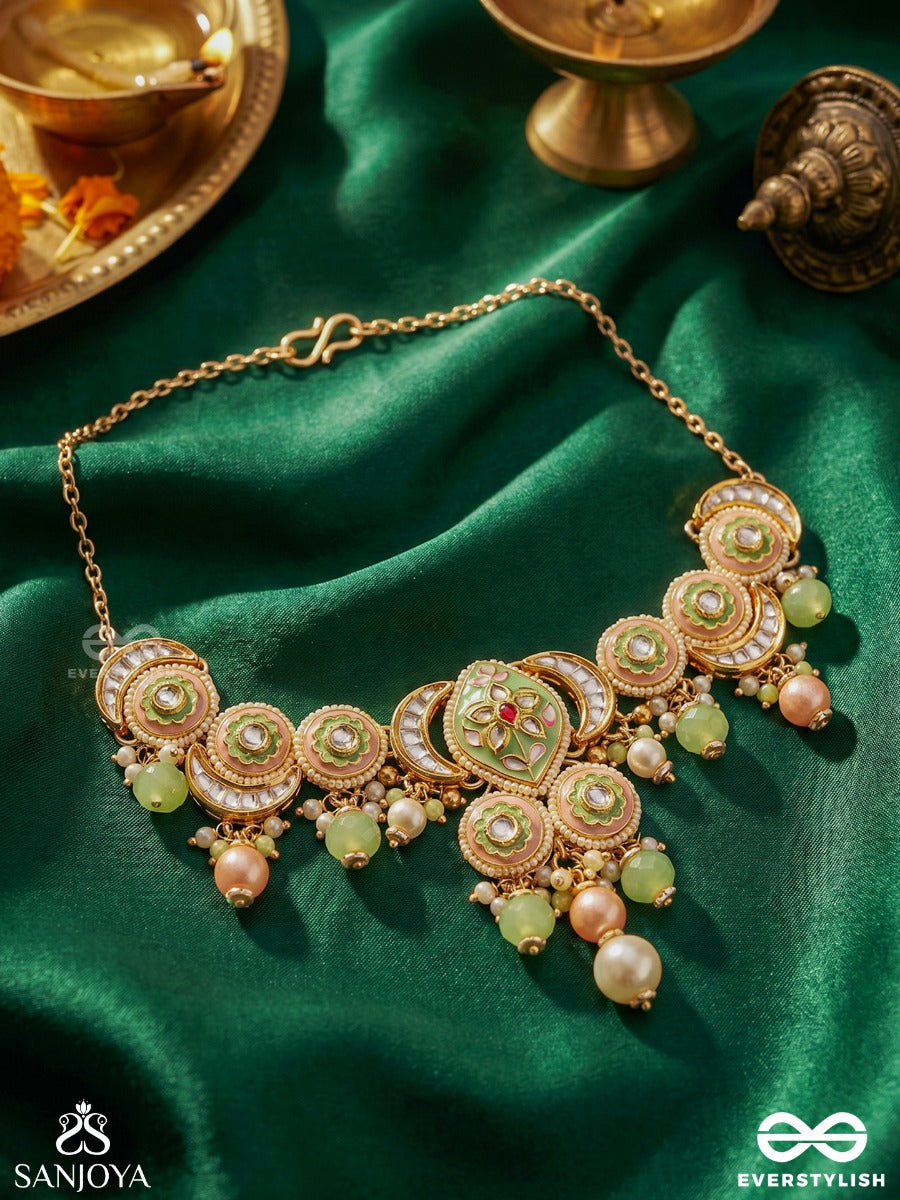 Haritrina - Verdant Beauty - Kundan Dainty Golden Necklace With Handcrafted Floral Enamel Work
