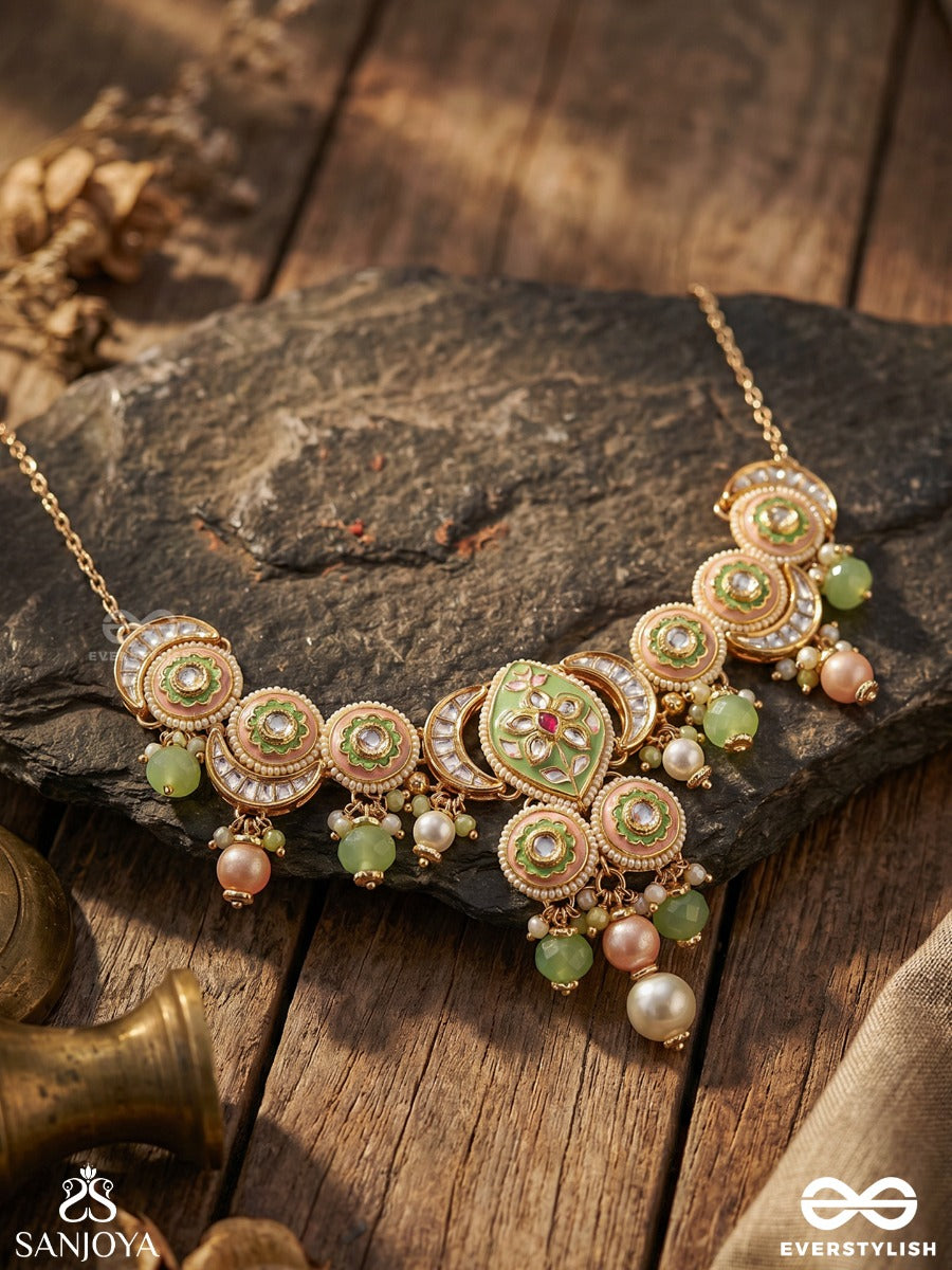 Haritrina - Verdant Beauty - Kundan Dainty Golden Necklace With Handcrafted Floral Enamel Work