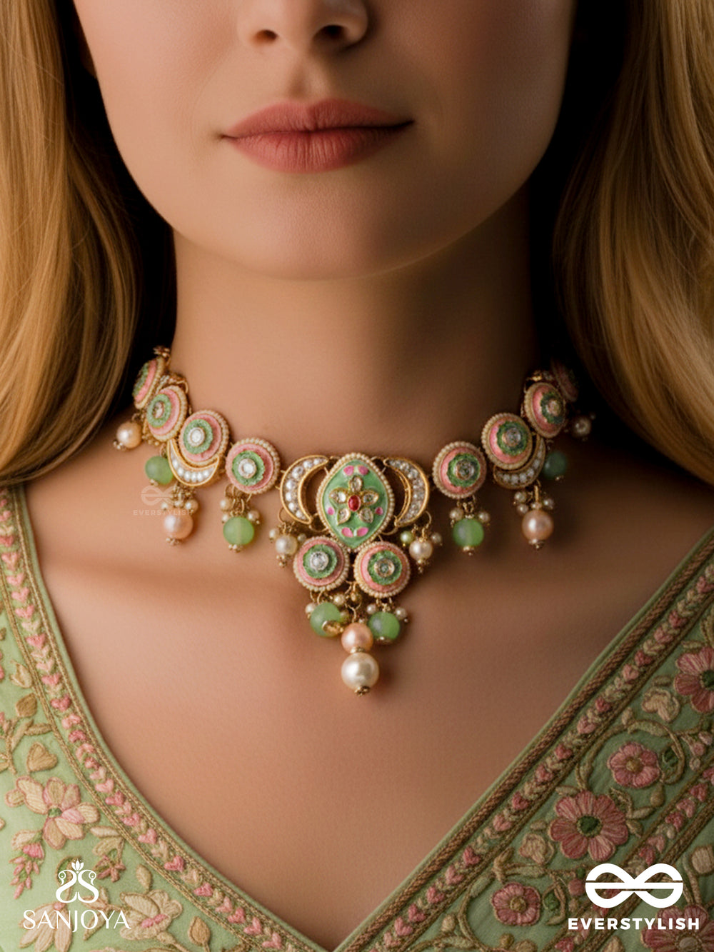 Haritrina - Verdant Beauty - Kundan Dainty Golden Necklace With Handcrafted Floral Enamel Work