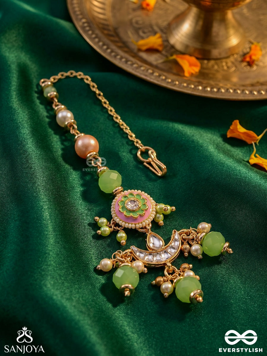 Haritrina - Verdant Beauty - Kundan Dainty Golden Maangtika With Handcrafted Floral Enamel Work
