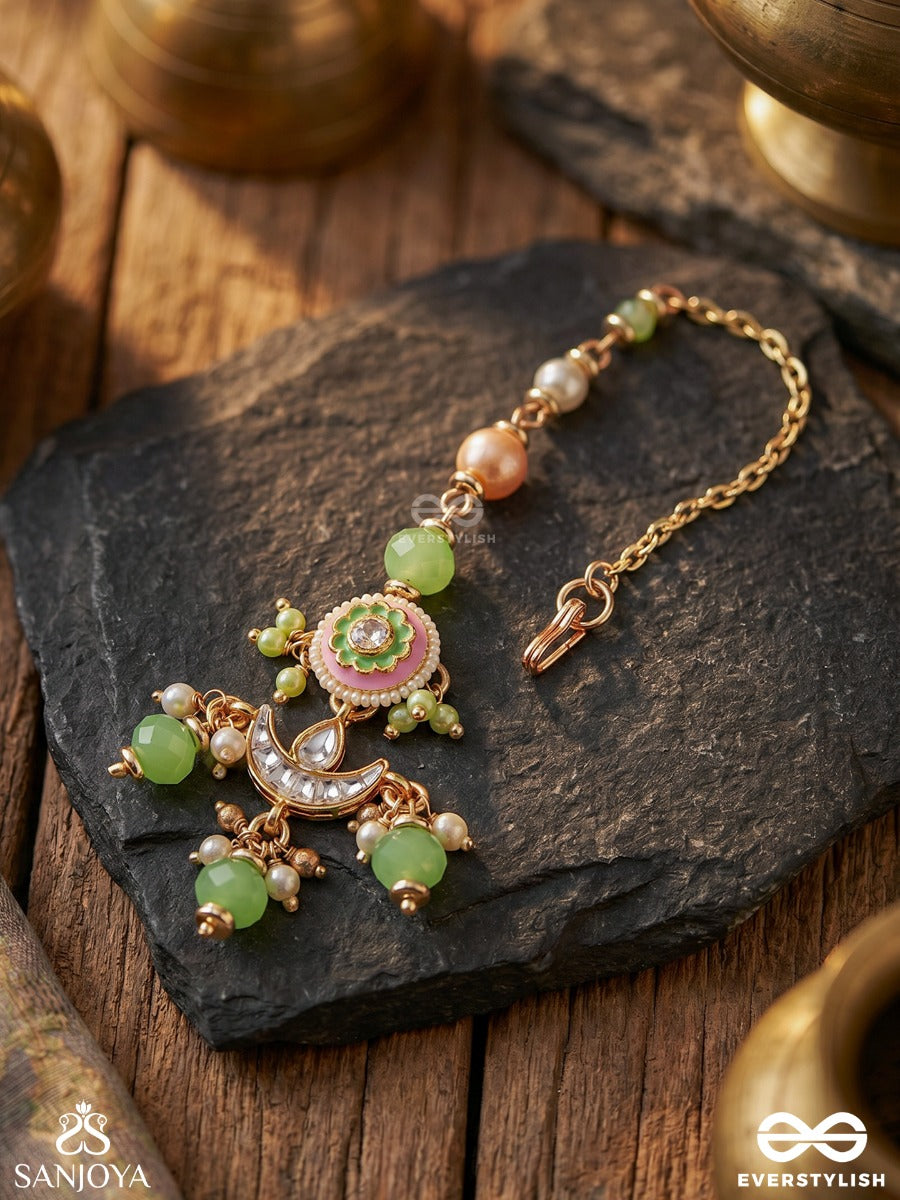 Haritrina - Verdant Beauty - Kundan Dainty Golden Maangtika With Handcrafted Floral Enamel Work