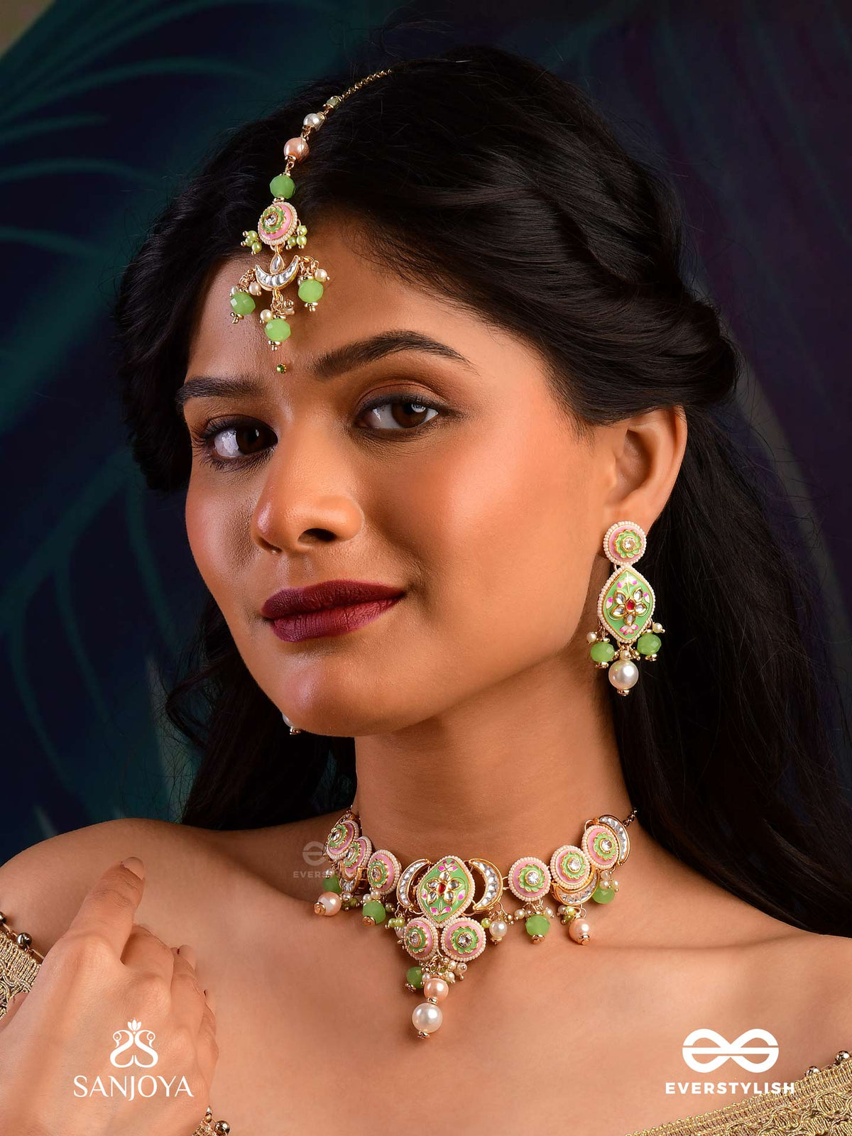 Haritrina - Verdant Beauty - Kundan Dainty Golden Maangtika With Handcrafted Floral Enamel Work