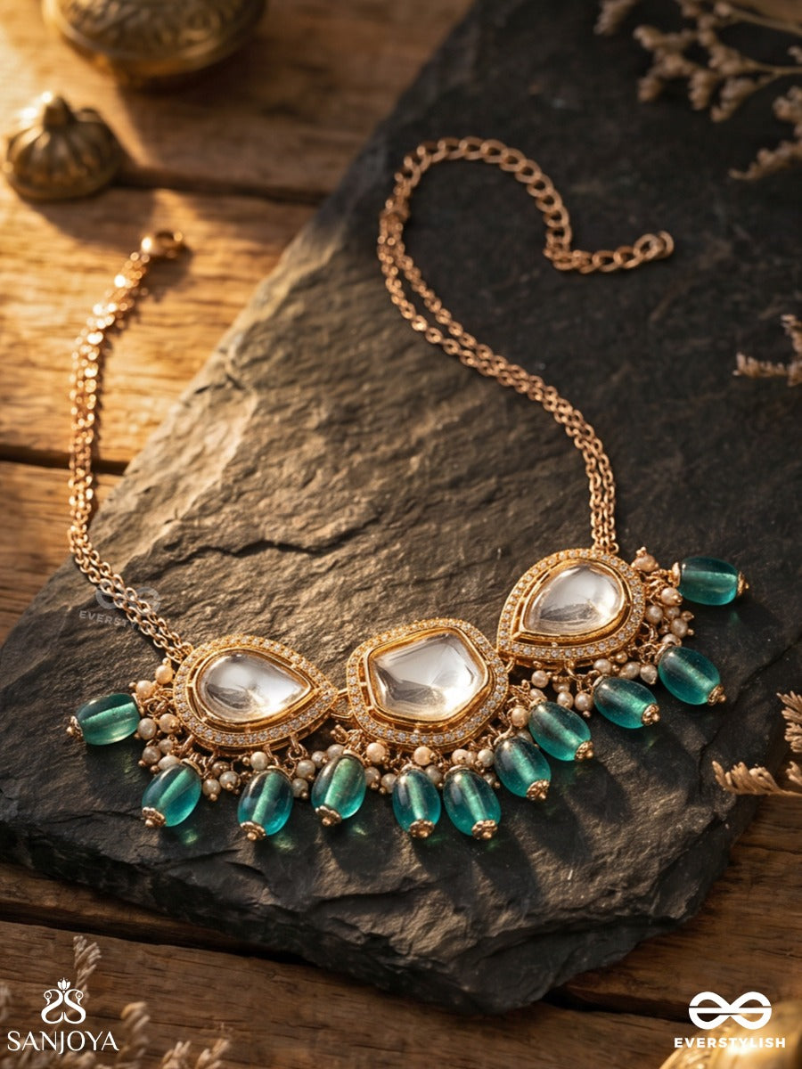 Indraneela - Blue Sapphire Glow - Royal Kundan Polki Necklace With Sparkling Teal Gemstones