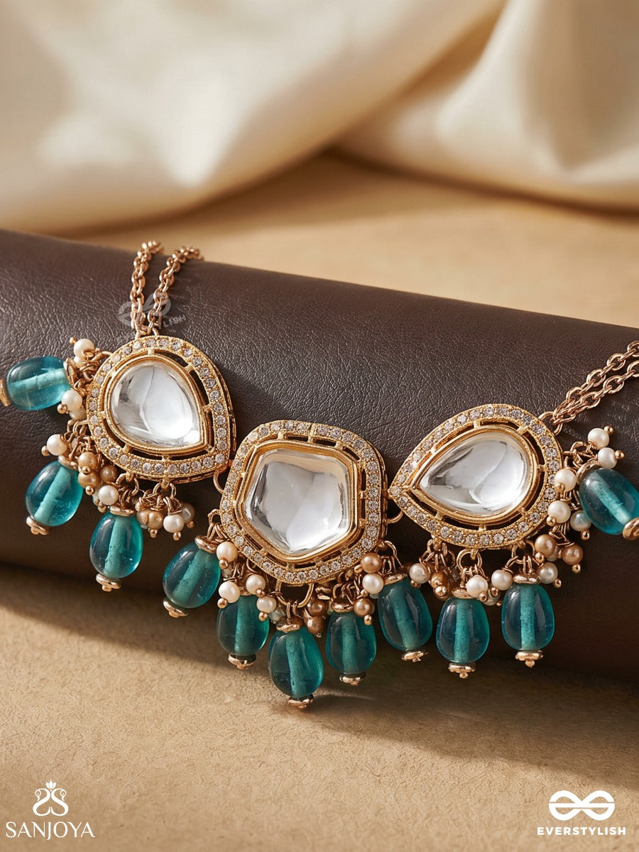 Indraneela - Blue Sapphire Glow - Royal Kundan Polki Necklace With Sparkling Teal Gemstones