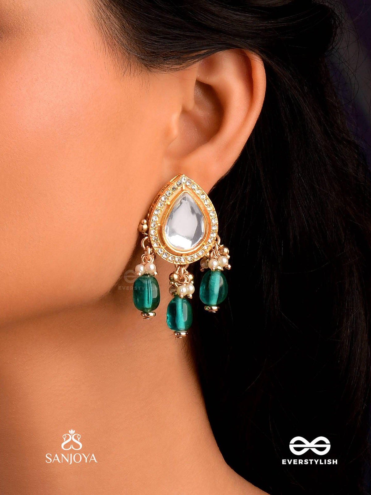 Indraneela - Blue Sapphire Glow - Royal Kundan Polki Earrings With Sparkling Teal Gemstones