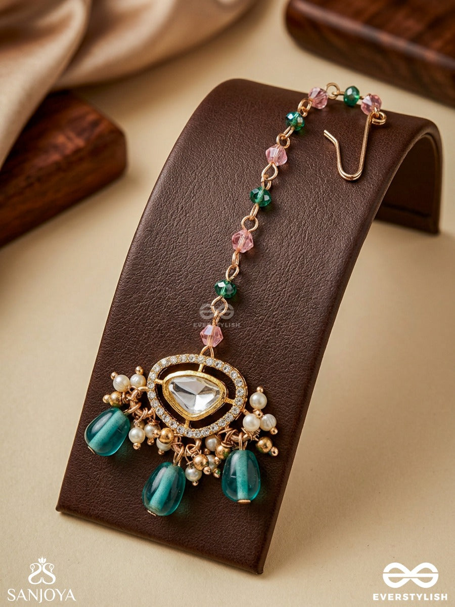 Indraneela - Blue Sapphire Glow - Royal Kundan Polki Maangtika With Sparkling Teal Gemstones