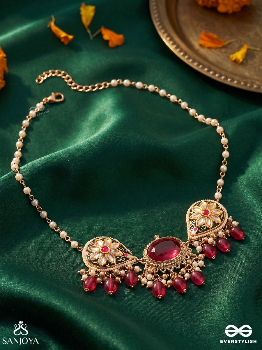 Sindurini - Vermilion Grace - Statement Kundan Polki Necklace With Red Gemstones And Enamel Accents