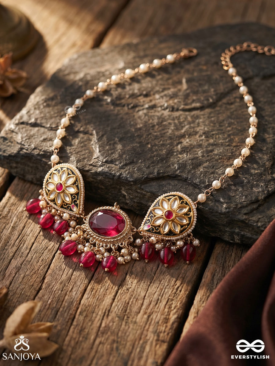 Sindurini - Vermilion Grace - Statement Kundan Polki Necklace With Red Gemstones And Enamel Accents