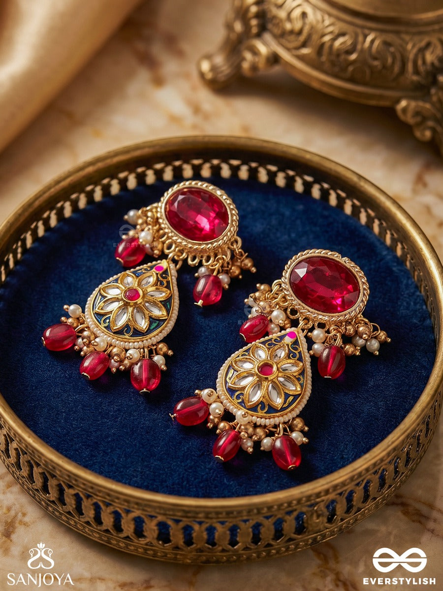 Sindurini - Vermilion Grace - Statement Kundan Polki Earrings With Red Gemstones And Enamel Accents