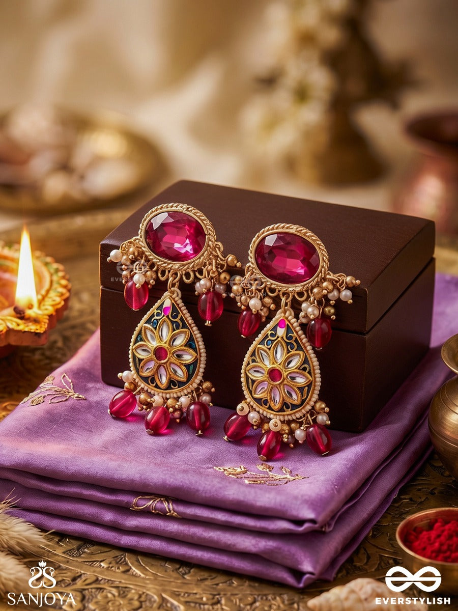 Sindurini - Vermilion Grace - Statement Kundan Polki Earrings With Red Gemstones And Enamel Accents