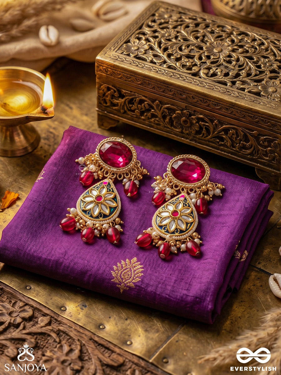 Sindurini - Vermilion Grace - Statement Kundan Polki Earrings With Red Gemstones And Enamel Accents