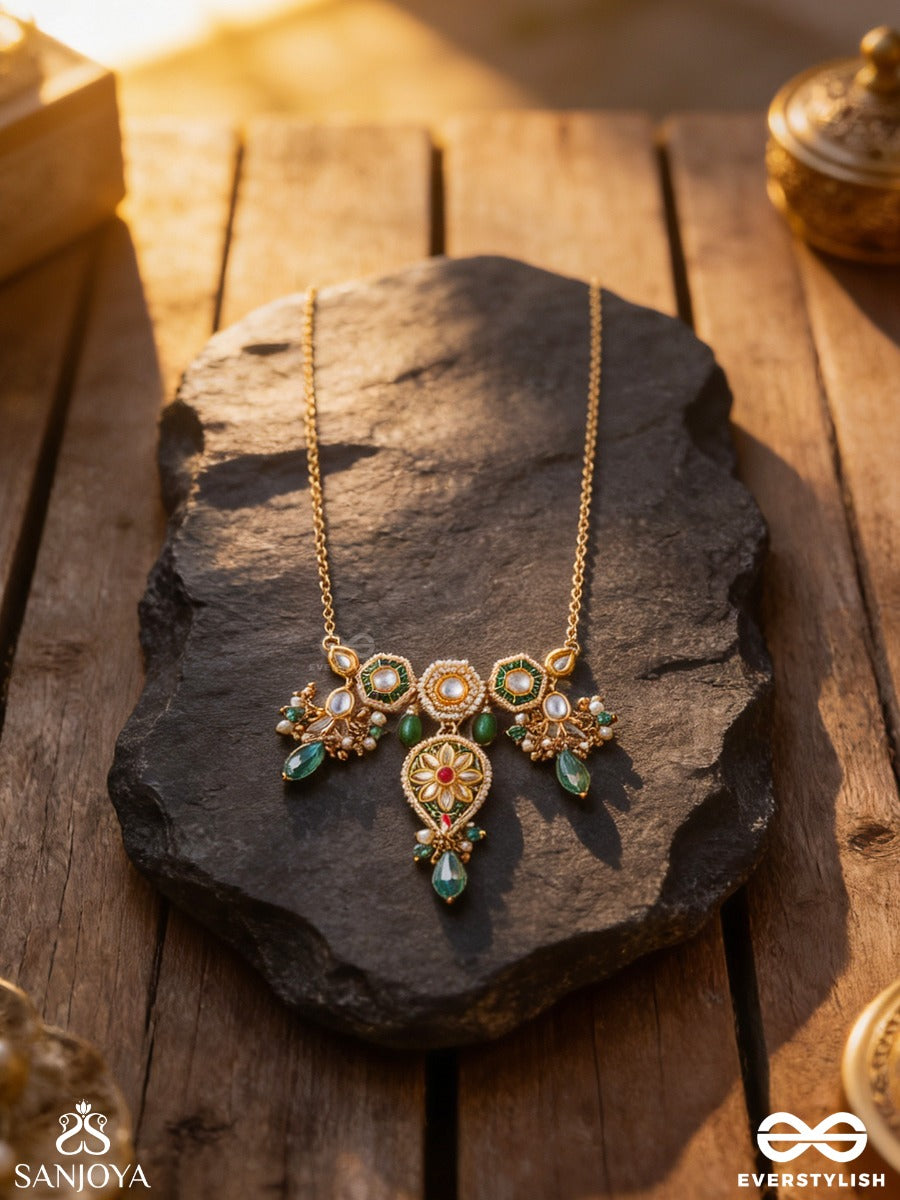 Jalnidhi - Ocean's Treasure - Handcrafted Kundan Necklace With Green Gemstones And Golden Details