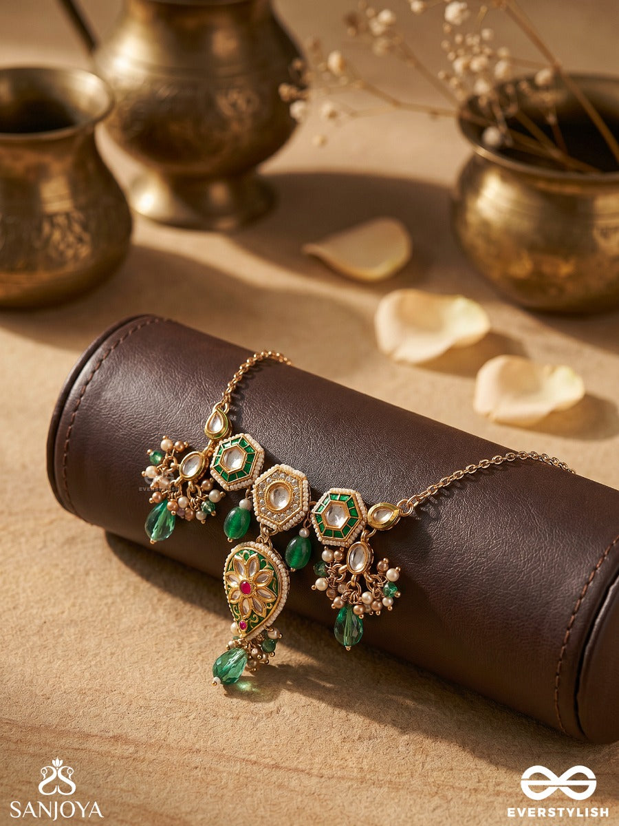 Jalnidhi - Ocean's Treasure - Handcrafted Kundan Necklace With Green Gemstones And Golden Details