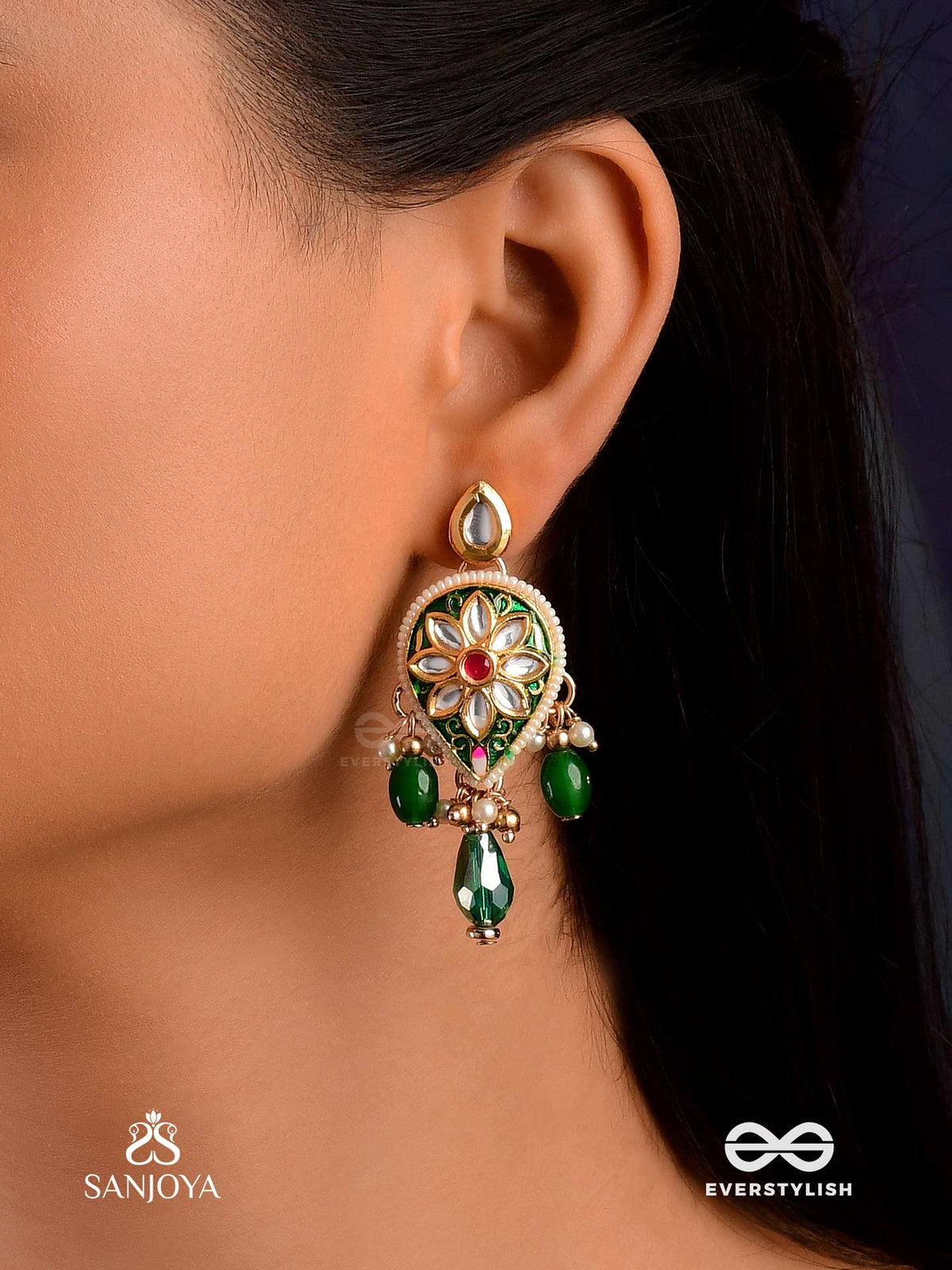Jalnidhi - Ocean's Treasure - Handcrafted Kundan Earrings With Green Gemstones And Golden Details
