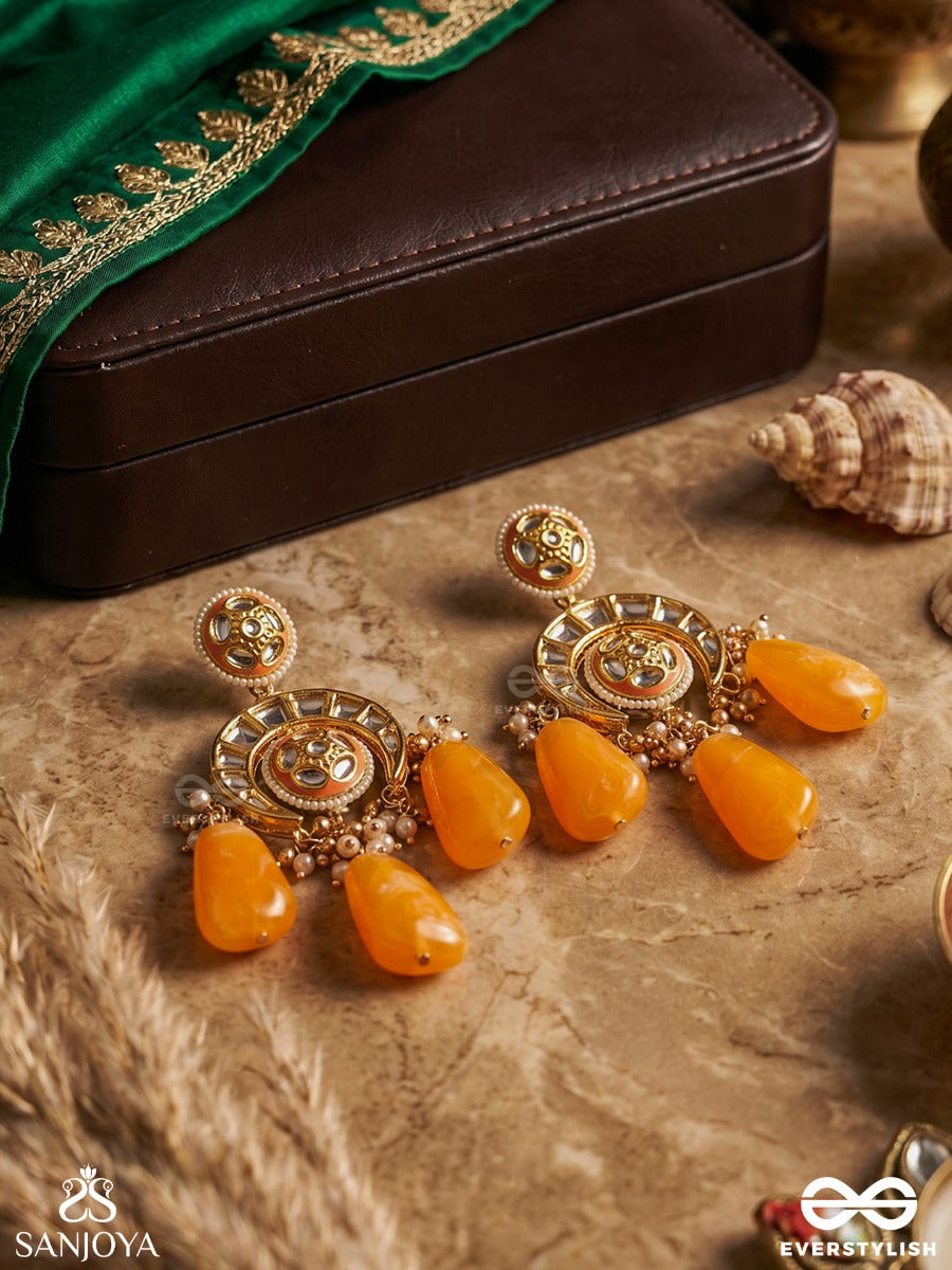 Shatrunjaya - Conqueror's Glory - Grand Heritage Kundan Earrings With Enamelled Accents And Orange Gems