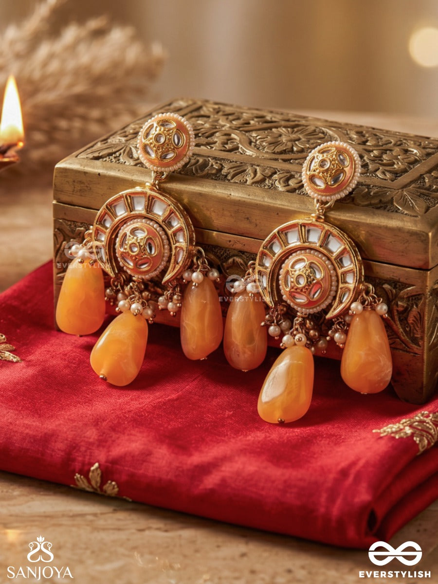 Shatrunjaya - Conqueror's Glory - Grand Heritage Kundan Earrings With Enamelled Accents And Orange Gems