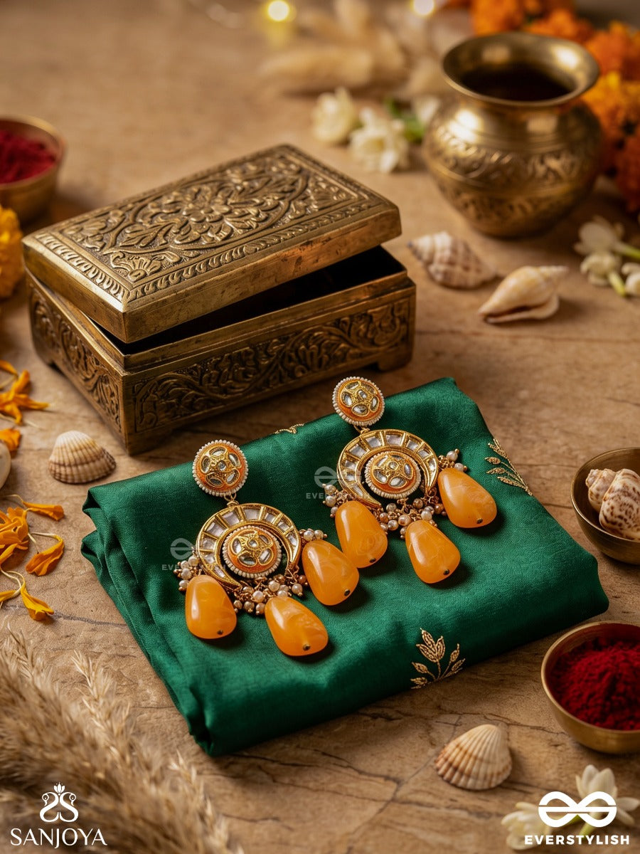 Shatrunjaya - Conqueror's Glory - Grand Heritage Kundan Earrings With Enamelled Accents And Orange Gems