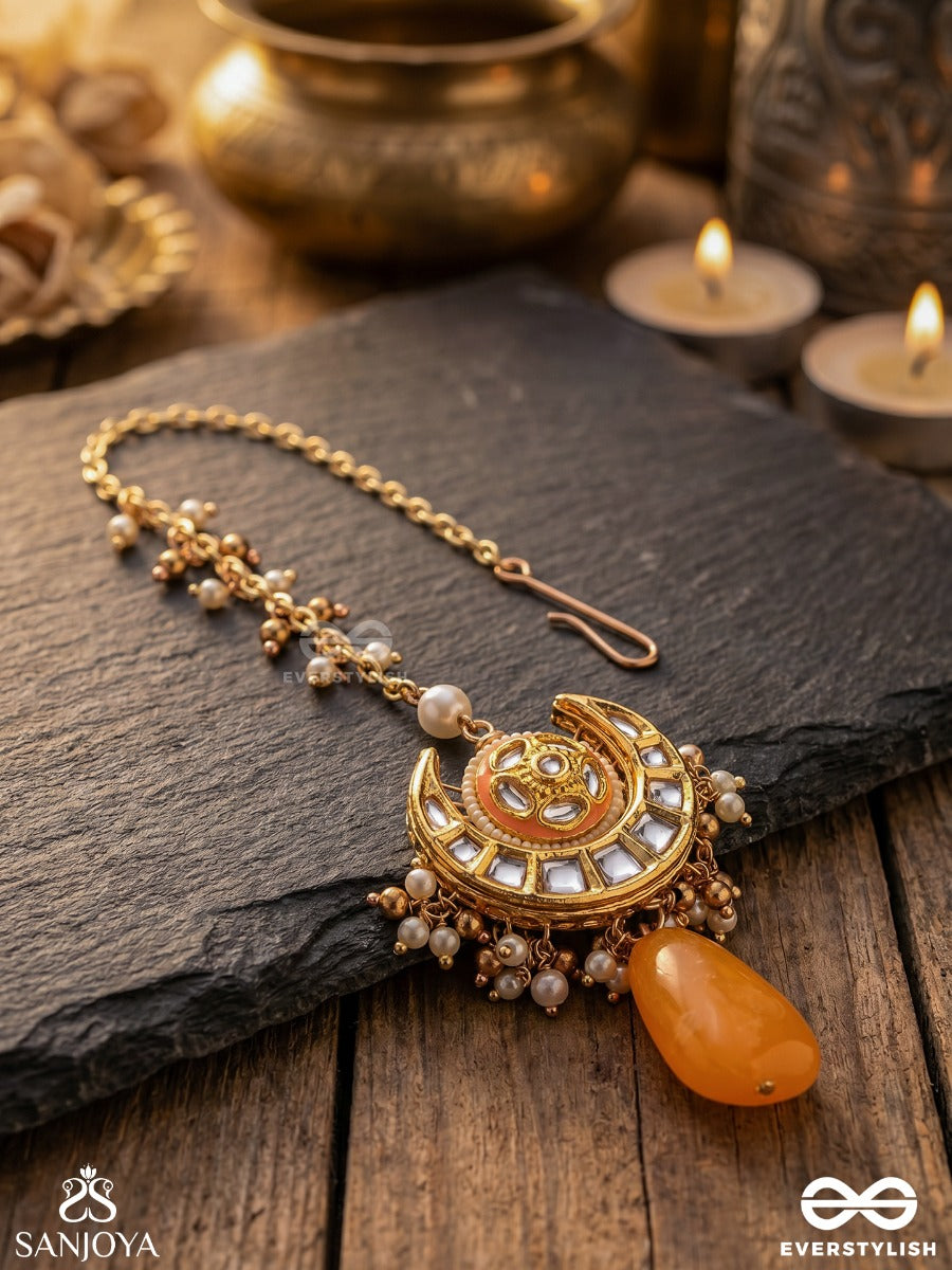 Arunindu - Crimson Moon - Ornate Maangtika With Crescent Motif And Coral Drop Accent