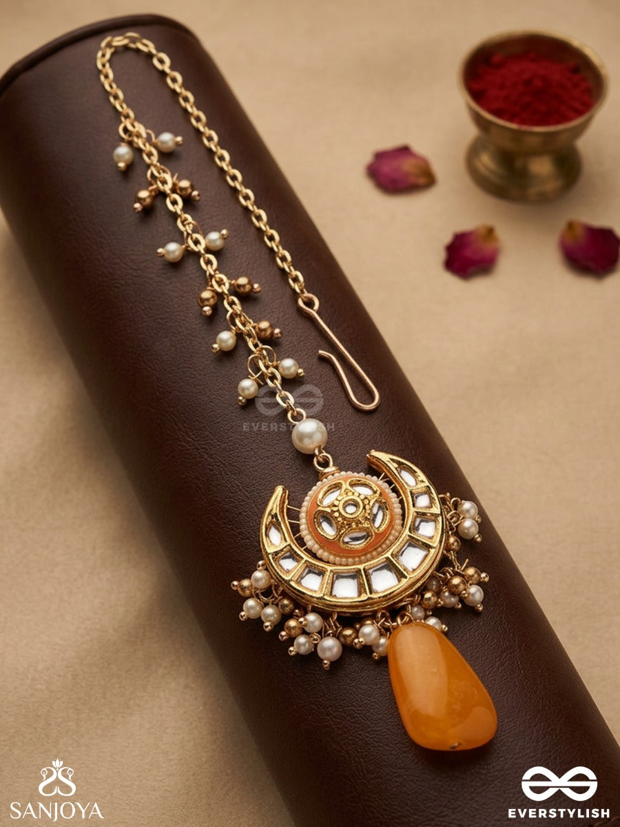 Arunindu - Crimson Moon - Ornate Maangtika With Crescent Motif And Coral Drop Accent