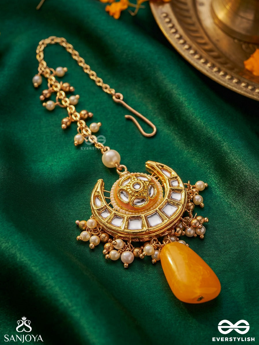 Arunindu - Crimson Moon - Ornate Maangtika With Crescent Motif And Coral Drop Accent