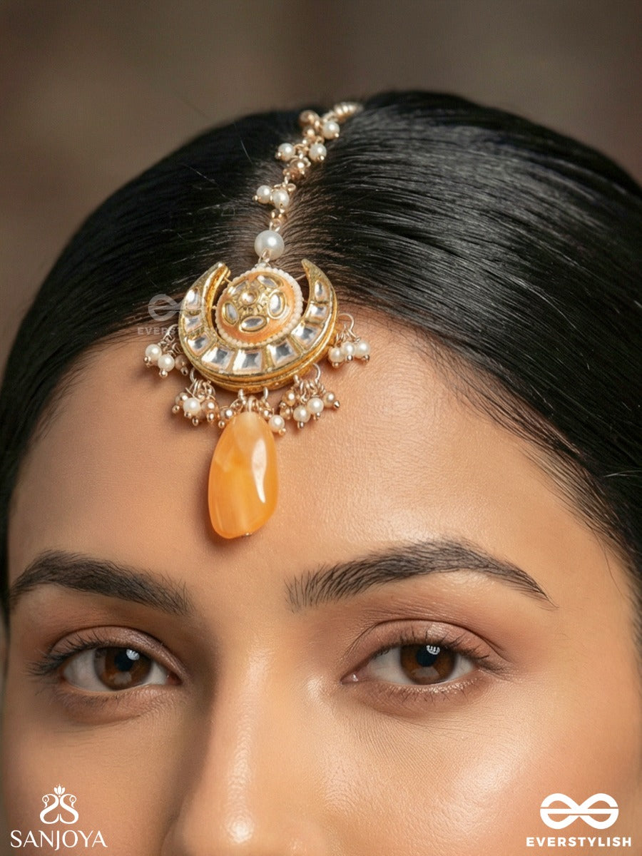 Arunindu - Crimson Moon - Ornate Maangtika With Crescent Motif And Coral Drop Accent