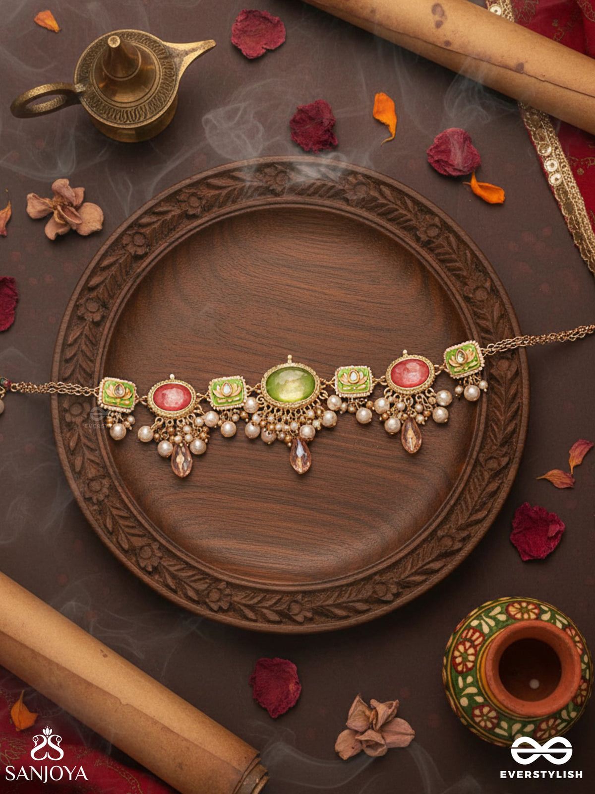 Mrinalika - Lotus Petal - Graceful Enamelled Handcrafted Kundan Necklace With Soft Pastel Gemstones