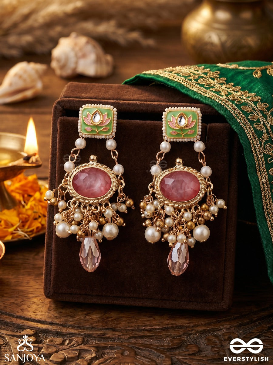 Mrinalika - Lotus Petal - Graceful Enamelled Handcrafted Kundan Earrings With Soft Pastel Gemstones